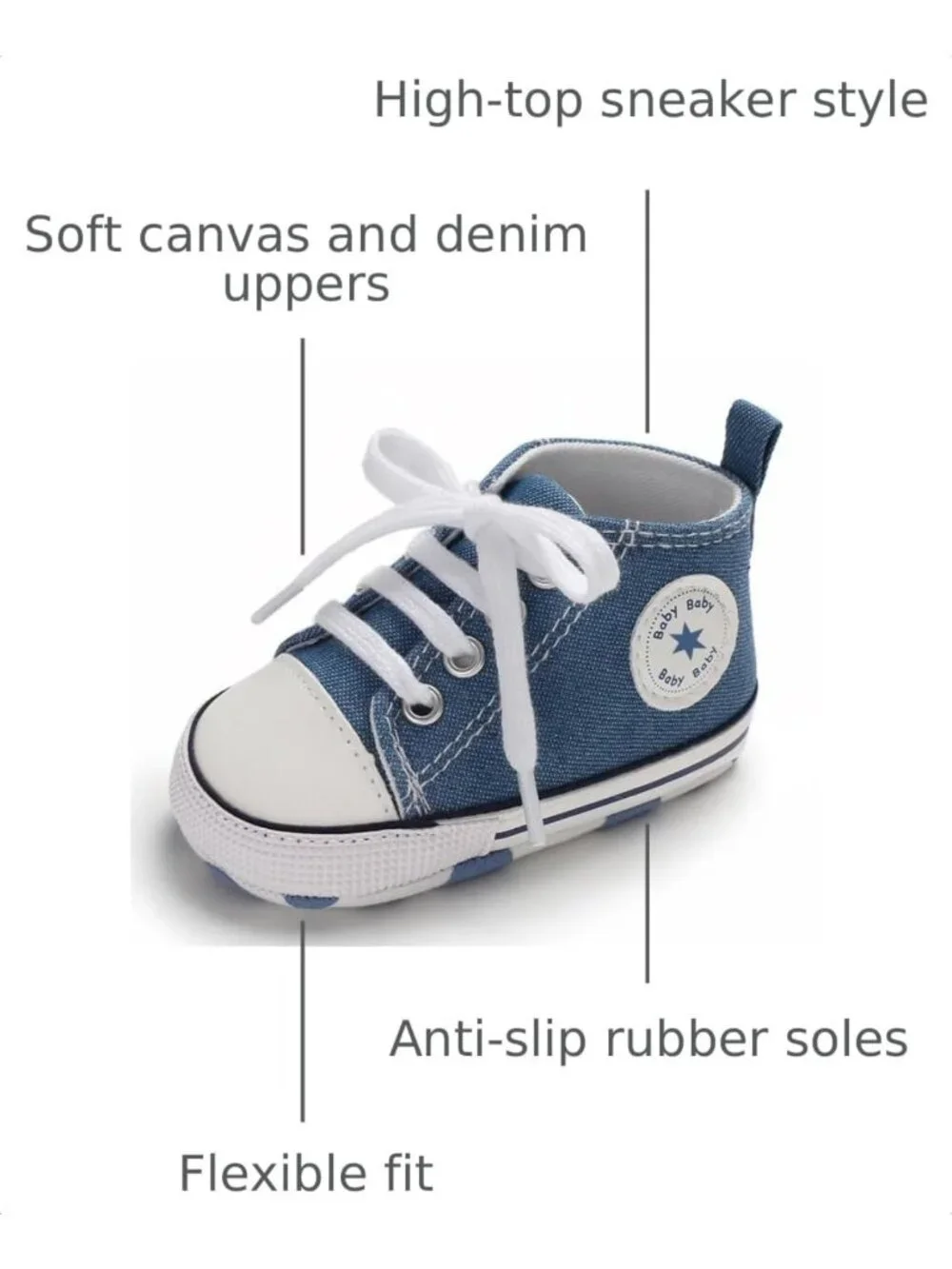 Unisex Infant High Top Sneakers, Non-Slip Canvas Denim First Walker Shoes